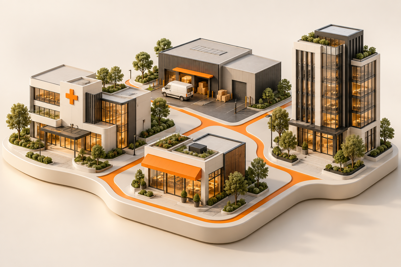 An illustrated miniature district connecting different industries through technology.